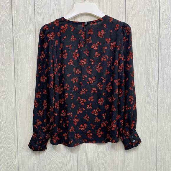 LOFT Petite Garden Ruffle Cuff Black Red Floral Long Sleeve Top Petite PXS NWT - Picture 7 of 7